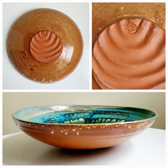 Large Mid Century Teal Glazed Studio Art Pottery Bowl, Signed - Picture 12 of 16